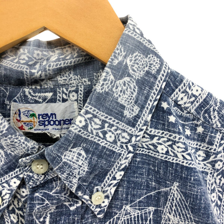 Reyn Spooner Swimwear Tag Lahaina Sailor Pullover Button-Down Aloha Shirt Made in Hawaii Men's Medium cotton navy blue type Vintage Second Hand