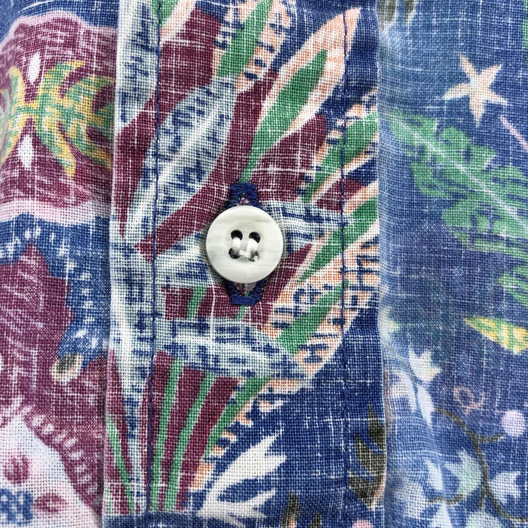 90'S Reyn Spooner Swimsuit Tag All-Over Print Pullover Button-Down Hawaiian Aloha Shirt Box Shirt Men's L Size unclear blue type Vintage Second Hand