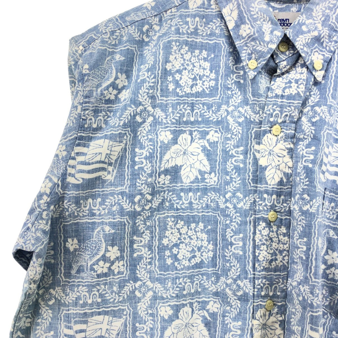 90'S Reyn Spooner Swimsuit Tag All-Over Print Button-Down Hawaiian Aloha Shirt Box Shirt Men's L Size unclear Blue type light blue Vintage Second Hand