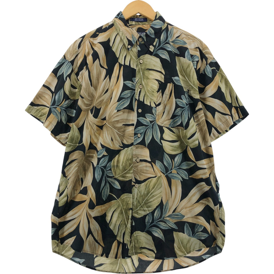 90'S Ralph Lauren Chaps, Leaf Pattern Button-down Hawaiian Aloha Shirt, Men's Size L, Vintage cotton black type Vintage Second Hand