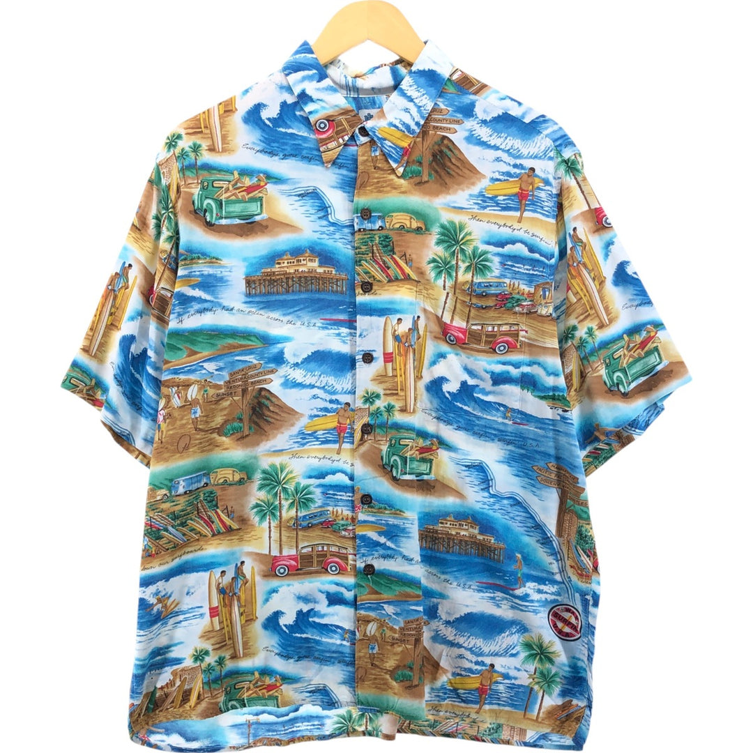00'S Reyn Spooner THE BEACH BOYS all-over print rayon Hawaiian aloha shirt box shirt made in Hawaii men's size L Rayon Blue type light blue Vintage Second Hand