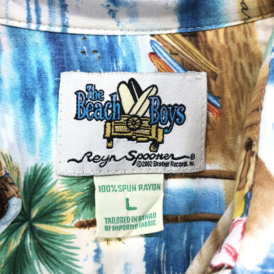 00'S Reyn Spooner THE BEACH BOYS all-over print rayon Hawaiian aloha shirt box shirt made in Hawaii men's size L Rayon Blue type light blue Vintage Second Hand