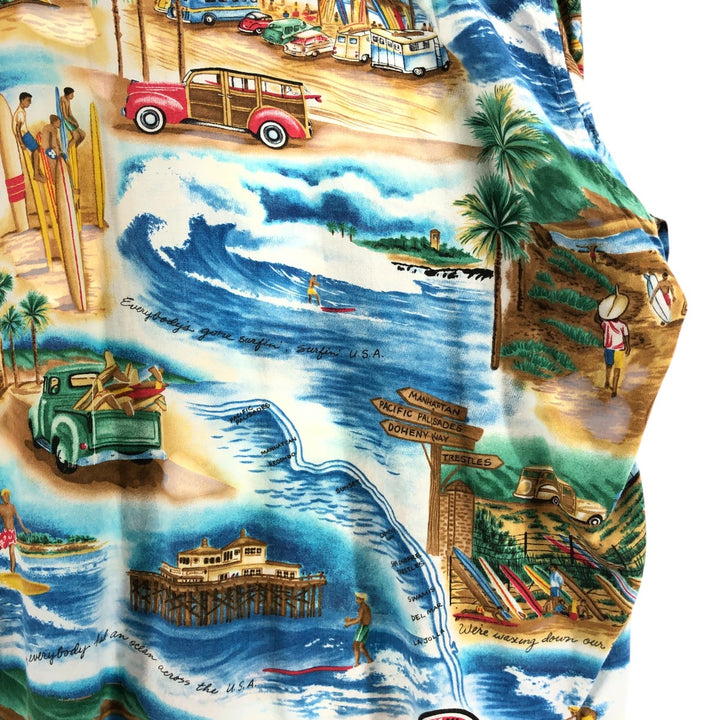 00'S Reyn Spooner THE BEACH BOYS all-over print rayon Hawaiian aloha shirt box shirt made in Hawaii men's size L Rayon Blue type light blue Vintage Second Hand