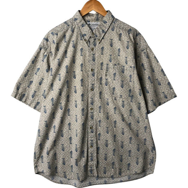 Columbia Sportswear Company Fish Pattern Short Sleeve Button Down Shirt Men's XL cotton gray type Vintage Second Hand