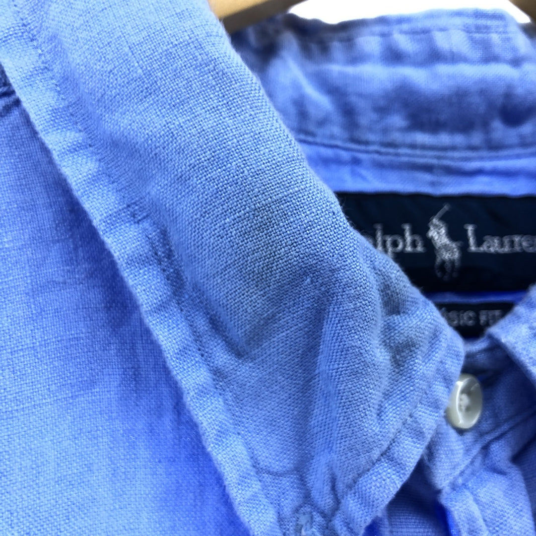 Ralph Lauren Classic Fit Short Sleeve Linen Button Down Shirt Men's Size L unclear blue type Vintage Second Hand