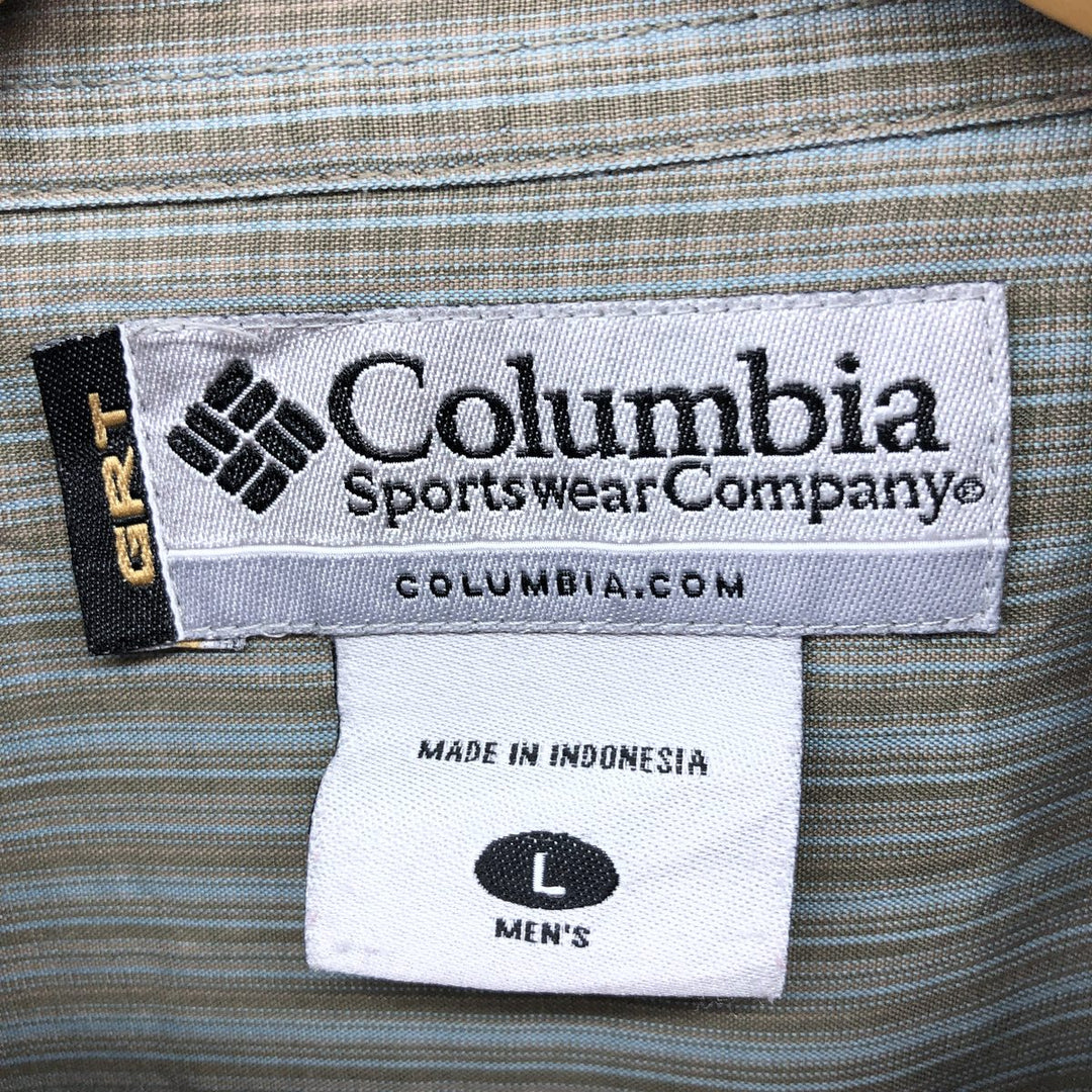 Columbia Sportswear Company Short Sleeve Button Down Check Shirt Men's Size L Rayon Khaki type sage green Vintage Second Hand