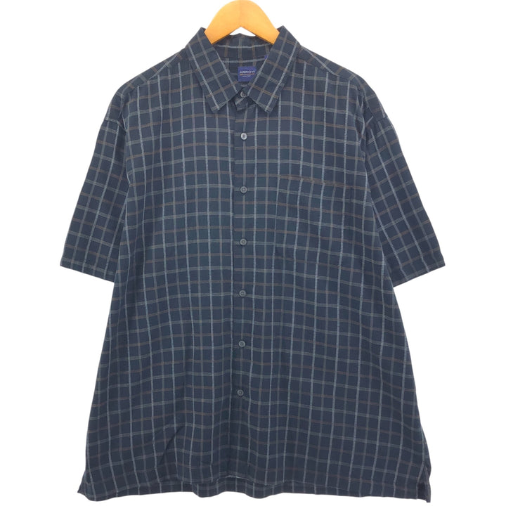 Arrow Check Pattern Short Sleeve Silk Shirt, Box Shirt, Men's XL silk black type Vintage Second Hand