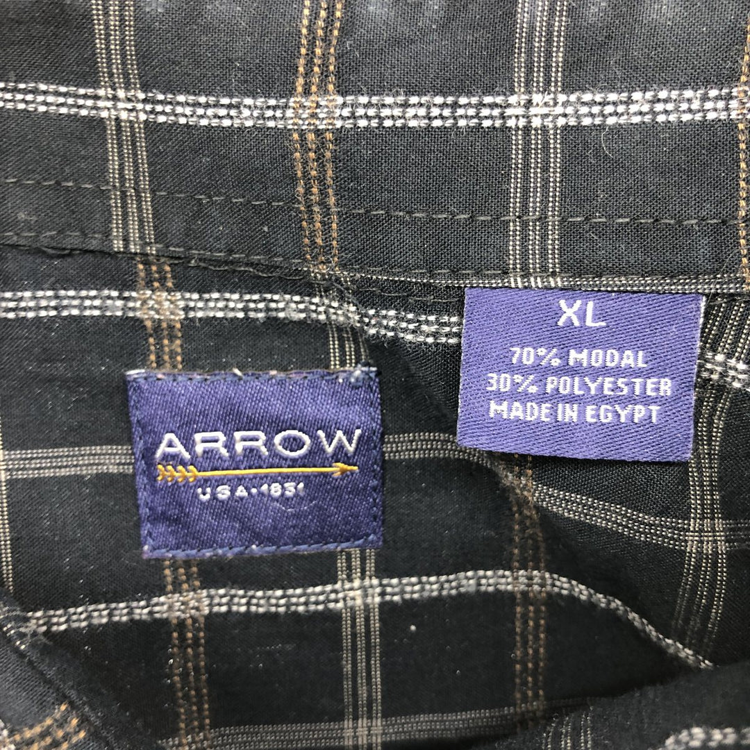 Arrow Check Pattern Short Sleeve Silk Shirt, Box Shirt, Men's XL silk black type Vintage Second Hand