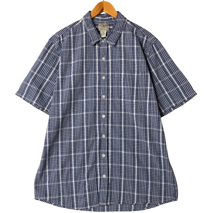 LLBean Seersucker Short Sleeve Cotton Check Shirt, Men's Size L Organic cotton blue type Vintage Second Hand