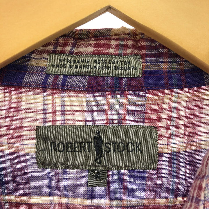 ROBERT STOCK Check Pattern Short Sleeve Linen Button Down Shirt Men's M cotton red type Vintage Second Hand