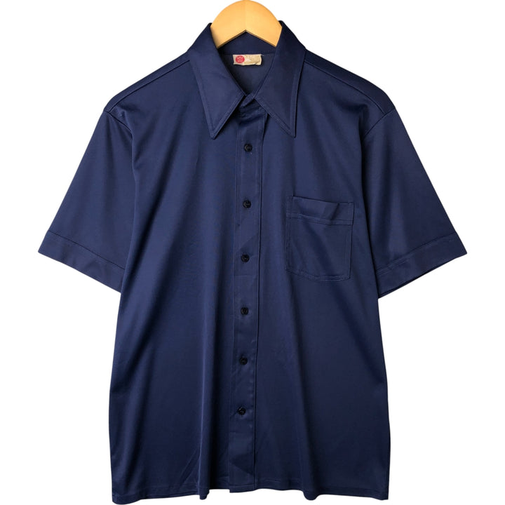 70's Sears short sleeve poly shirt, men's size L polyester navy blue type Vintage Second Hand