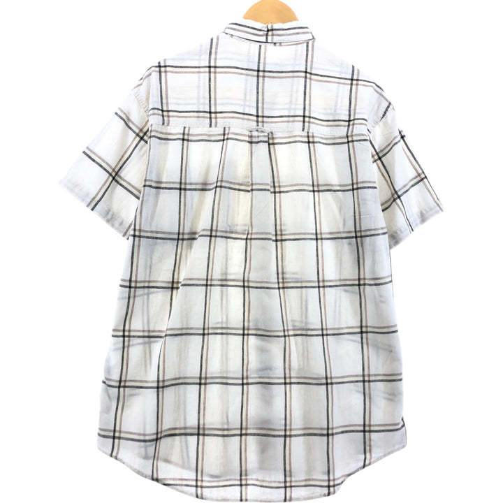 90'S Ralph Lauren CHAPS Check Pattern Button-down Short Sleeve Linen Shirt Men's Size L Vintage linen black type Vintage Second Hand