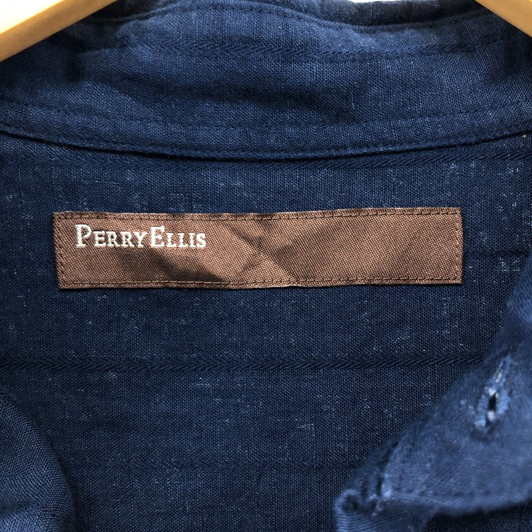 PERRY ELLIS short sleeve linen shirt, box shirt, men's size M linen navy blue type Vintage Second Hand