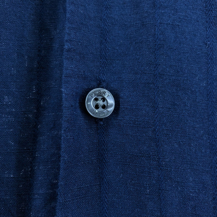 PERRY ELLIS short sleeve linen shirt, box shirt, men's size M linen navy blue type Vintage Second Hand