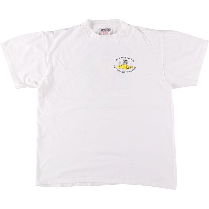 90'S ONEITA Salt Lake City Fire Department Hazmat Squad 6th Company Printed T-Shirt Men's L Size Vintage cotton white type Vintage Second Hand