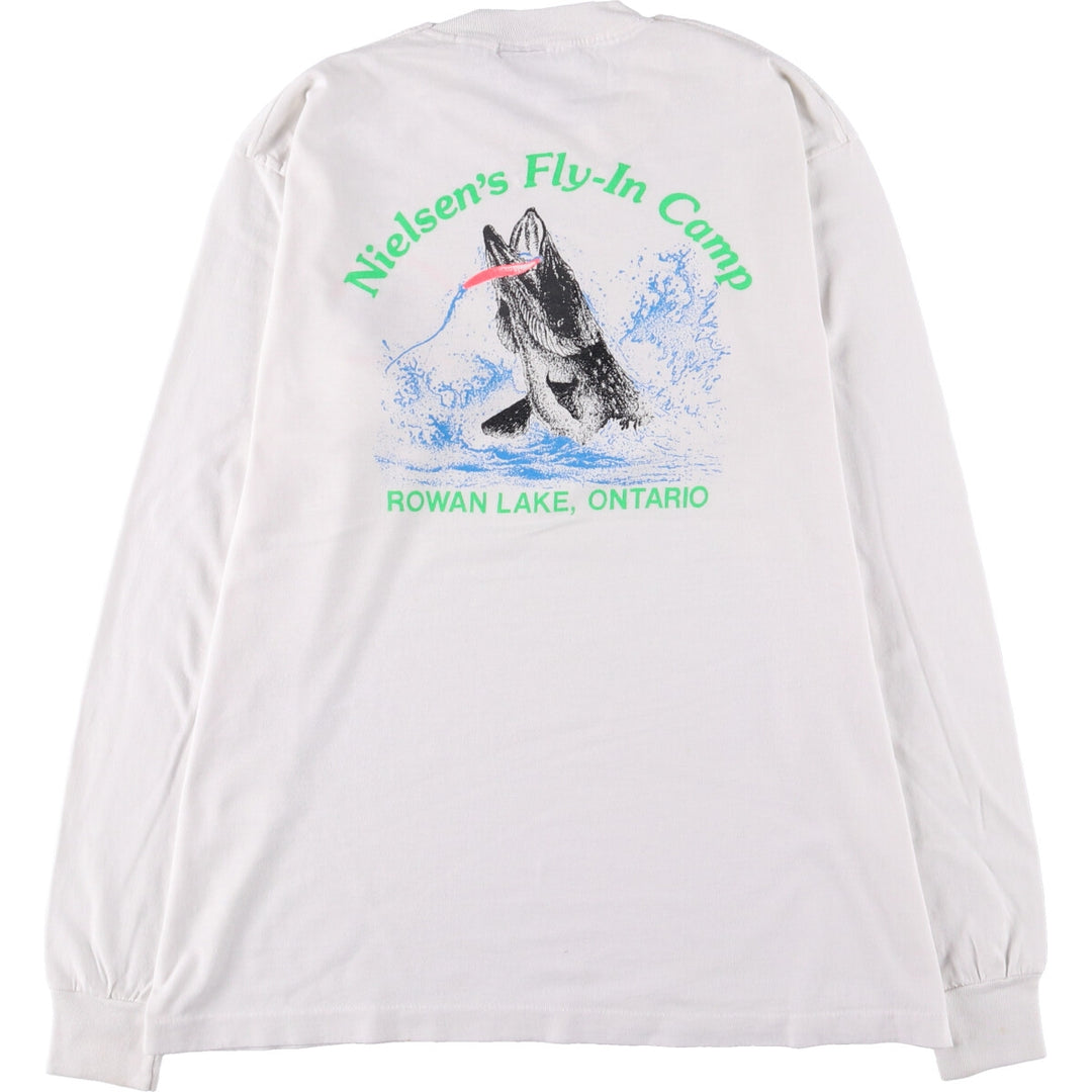 SCREEN STARS Fish Pattern Long Sleeve T-Shirt Made in USA Men's XL cotton white type Vintage Second Hand