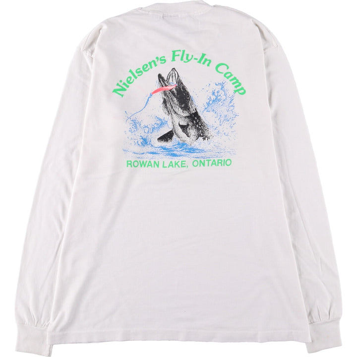 SCREEN STARS Fish Pattern Long Sleeve T-Shirt Made in USA Men's XL cotton white type Vintage Second Hand