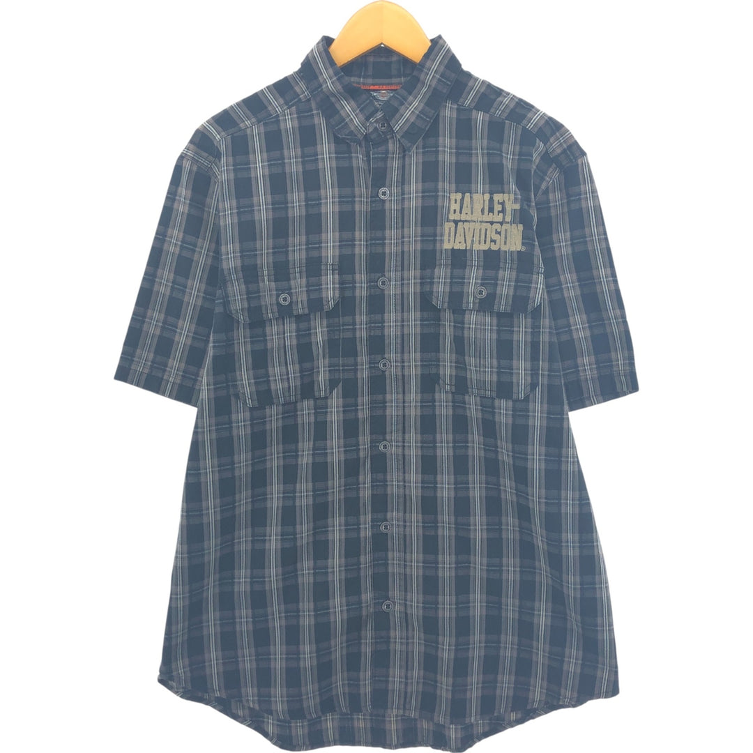 Harley-Davidson Check Pattern Short Sleeve Work Shirt, Men's Size L cotton gray type Vintage Second Hand