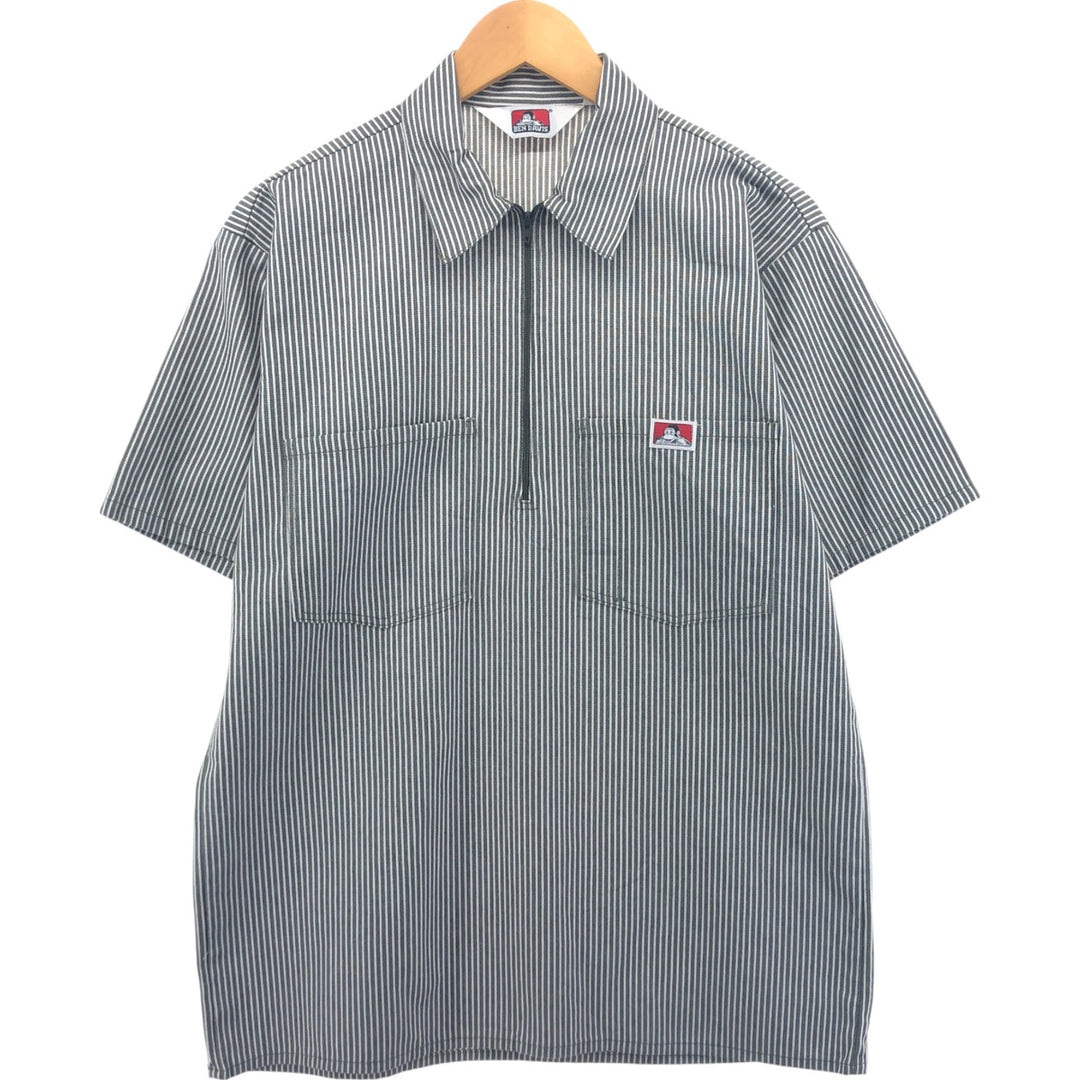 90'S Ben Davis Stripe Pattern Half Zip Short Sleeve Work Shirt Box Shirt Made in USA Men's M Size Vintage cotton gray type Vintage Second Hand