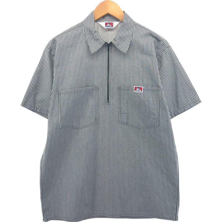 90'S Ben Davis Stripe Pattern Half Zip Short Sleeve Work Shirt Box Shirt Made in USA Men's M Size Vintage cotton gray type Vintage Second Hand