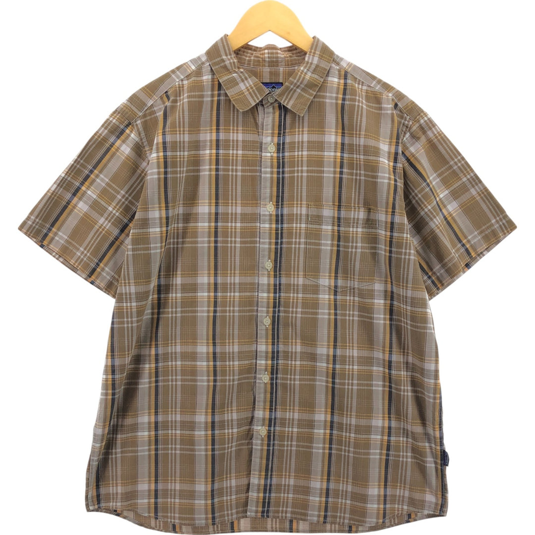 00'S Patagonia ORGANIC COTTON 54840S9 short sleeve cotton check shirt, men's size L Organic cotton beige type brown Vintage Second Hand