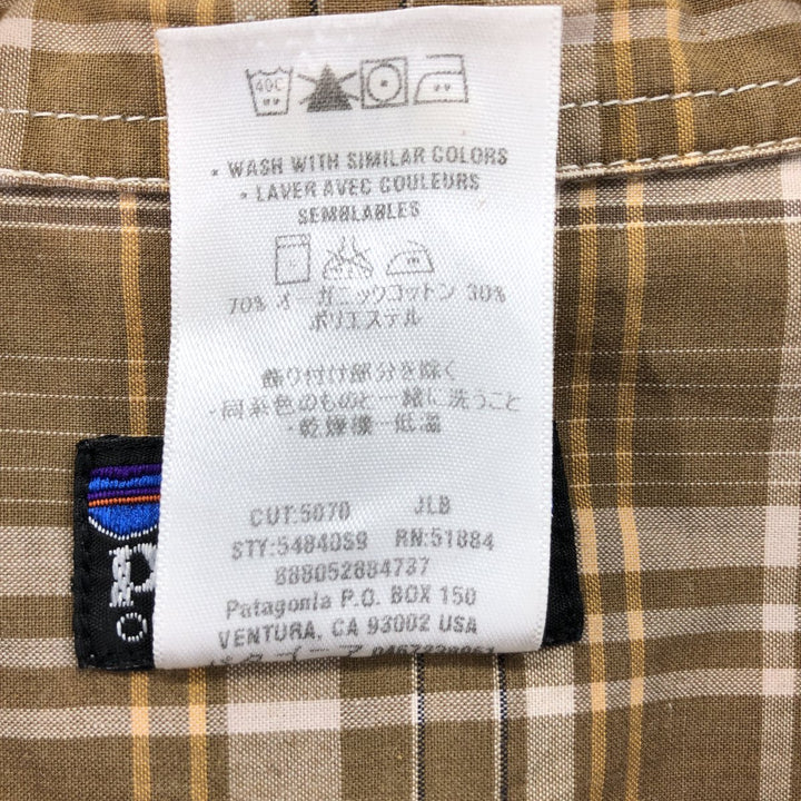 00'S Patagonia ORGANIC COTTON 54840S9 short sleeve cotton check shirt, men's size L Organic cotton beige type brown Vintage Second Hand