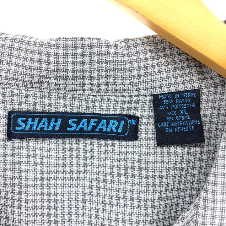 SHAH SAFARI Gingham Check Short Sleeve Open Collar Poly x Rayon Shirt Box Shirt Men's XL Size Rayon gray type Vintage Second Hand