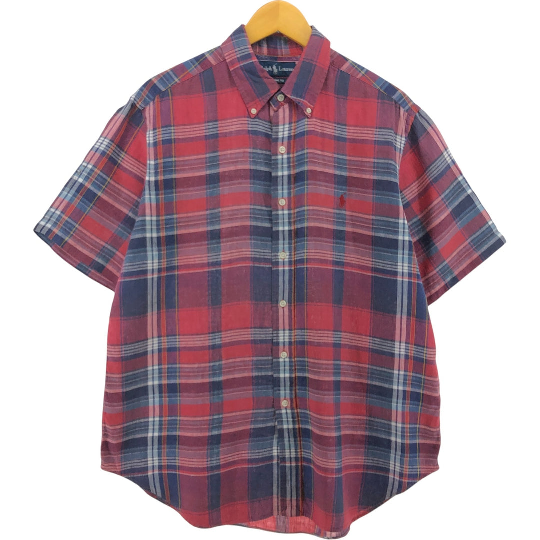 Ralph Lauren Classic Fit Check Pattern Short Sleeve Linen Button Down Shirt Men's Size L linen red type Vintage Second Hand