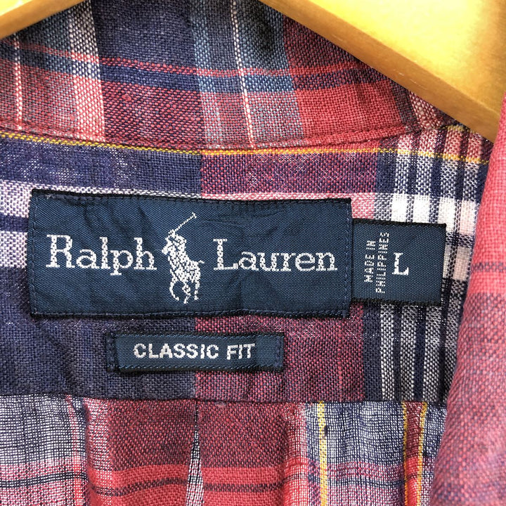 Ralph Lauren Classic Fit Check Pattern Short Sleeve Linen Button Down Shirt Men's Size L linen red type Vintage Second Hand