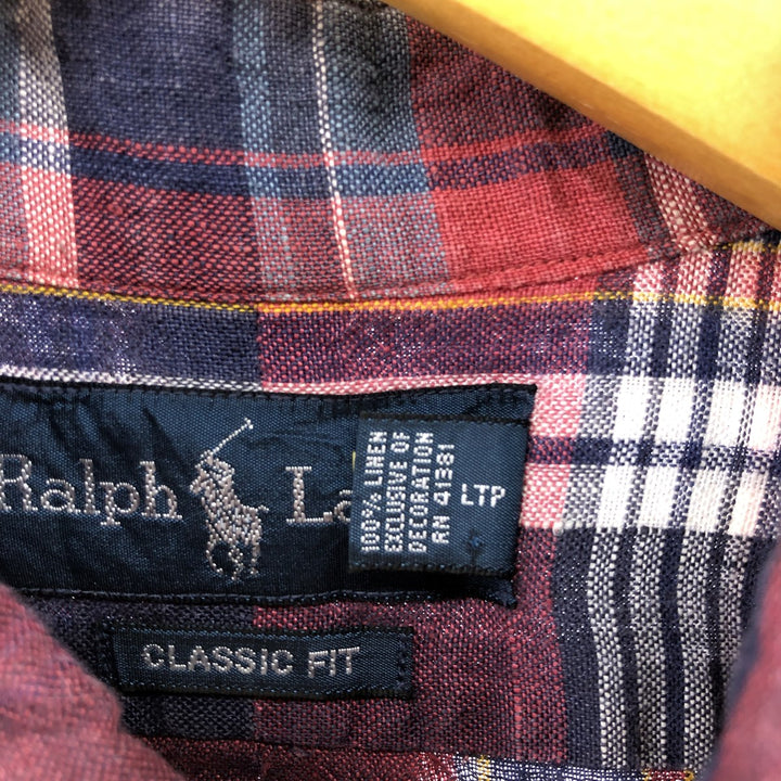Ralph Lauren Classic Fit Check Pattern Short Sleeve Linen Button Down Shirt Men's Size L linen red type Vintage Second Hand
