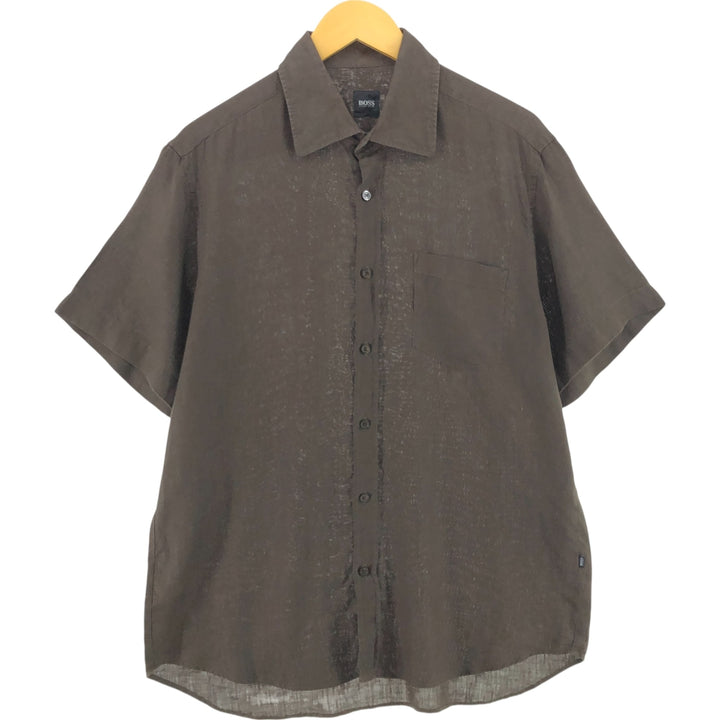 Hugo Boss HUGO BOSS Short-sleeved linen shirt with collar support, size L for men linen brown type Vintage Second Hand