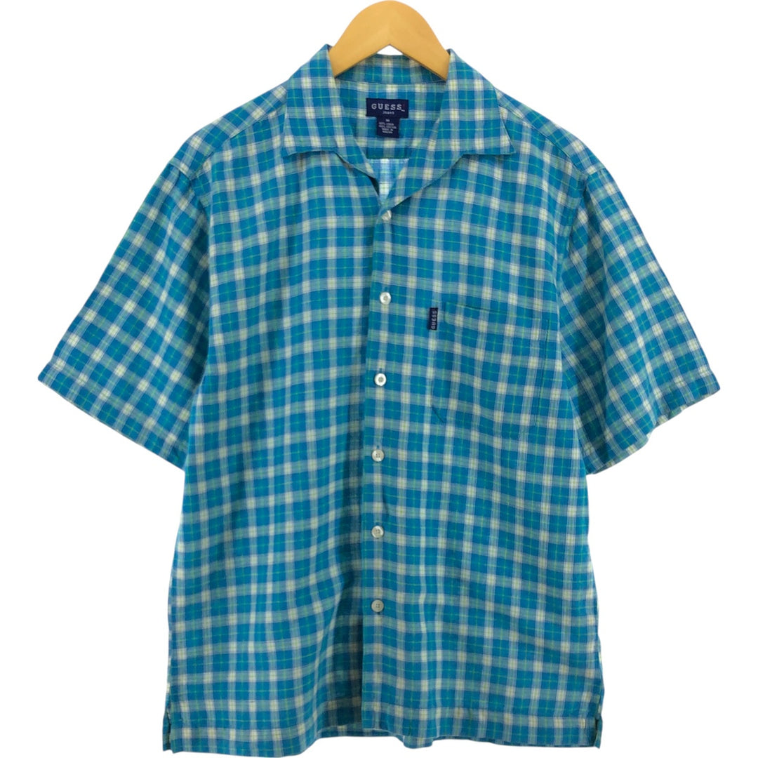 Guess JEANS Check Pattern Short Sleeve Open Collar Linen Shirt Box Shirt Men's M Size linen turquoise blue Vintage Second Hand