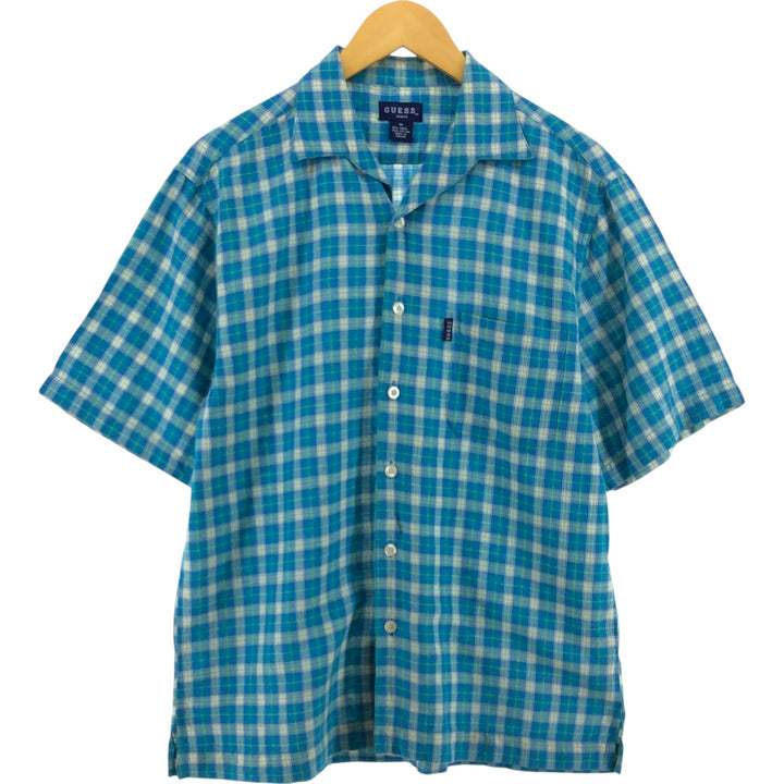 Guess JEANS Check Pattern Short Sleeve Open Collar Linen Shirt Box Shirt Men's M Size linen turquoise blue Vintage Second Hand