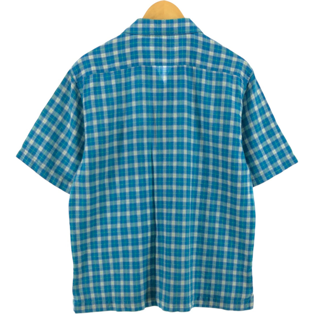 Guess JEANS Check Pattern Short Sleeve Open Collar Linen Shirt Box Shirt Men's M Size linen turquoise blue Vintage Second Hand