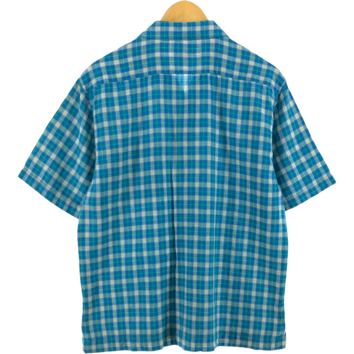 Guess JEANS Check Pattern Short Sleeve Open Collar Linen Shirt Box Shirt Men's M Size linen turquoise blue Vintage Second Hand