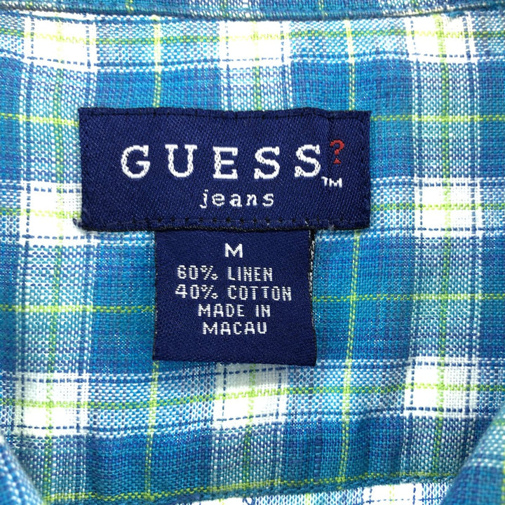 Guess JEANS Check Pattern Short Sleeve Open Collar Linen Shirt Box Shirt Men's M Size linen turquoise blue Vintage Second Hand