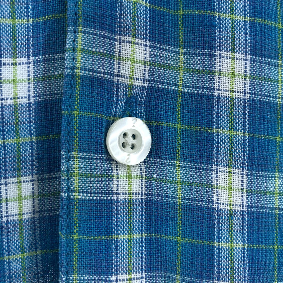 Guess JEANS Check Pattern Short Sleeve Open Collar Linen Shirt Box Shirt Men's M Size linen turquoise blue Vintage Second Hand