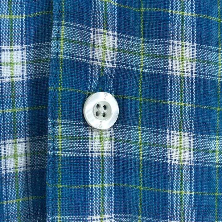 Guess JEANS Check Pattern Short Sleeve Open Collar Linen Shirt Box Shirt Men's M Size linen turquoise blue Vintage Second Hand