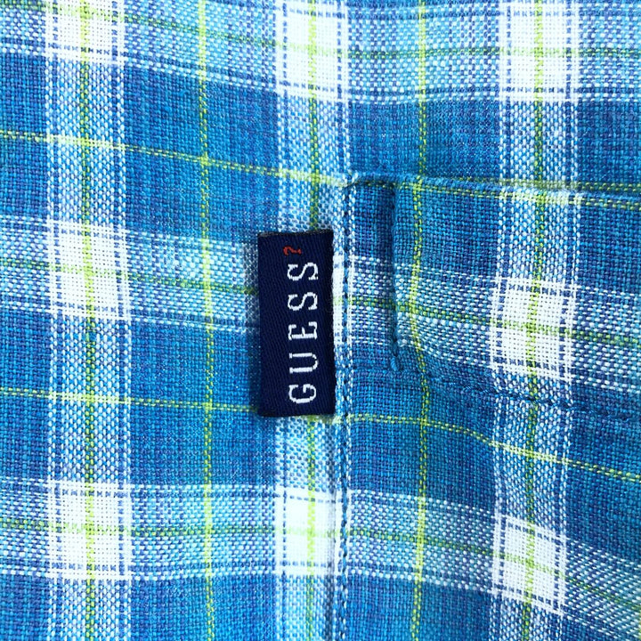 Guess JEANS Check Pattern Short Sleeve Open Collar Linen Shirt Box Shirt Men's M Size linen turquoise blue Vintage Second Hand