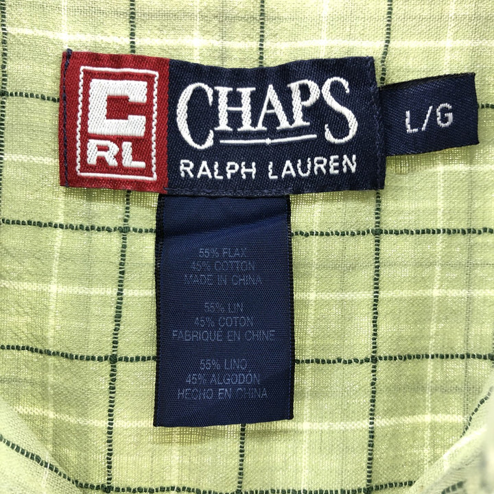 90'S Ralph Lauren Chaps Check Pattern Short Sleeve Cotton x Linen Button Down Shirt Men's Size L Vintage linen green type yellow green Vintage Second Hand
