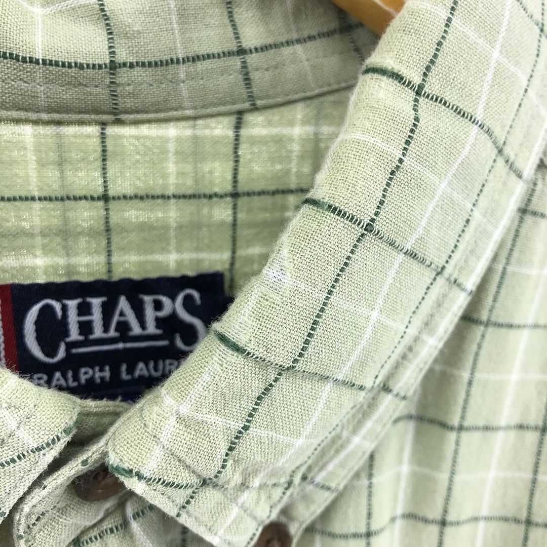 90'S Ralph Lauren Chaps Check Pattern Short Sleeve Cotton x Linen Button Down Shirt Men's Size L Vintage linen green type yellow green Vintage Second Hand