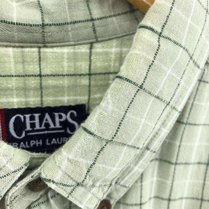90'S Ralph Lauren Chaps Check Pattern Short Sleeve Cotton x Linen Button Down Shirt Men's Size L Vintage linen green type yellow green Vintage Second Hand