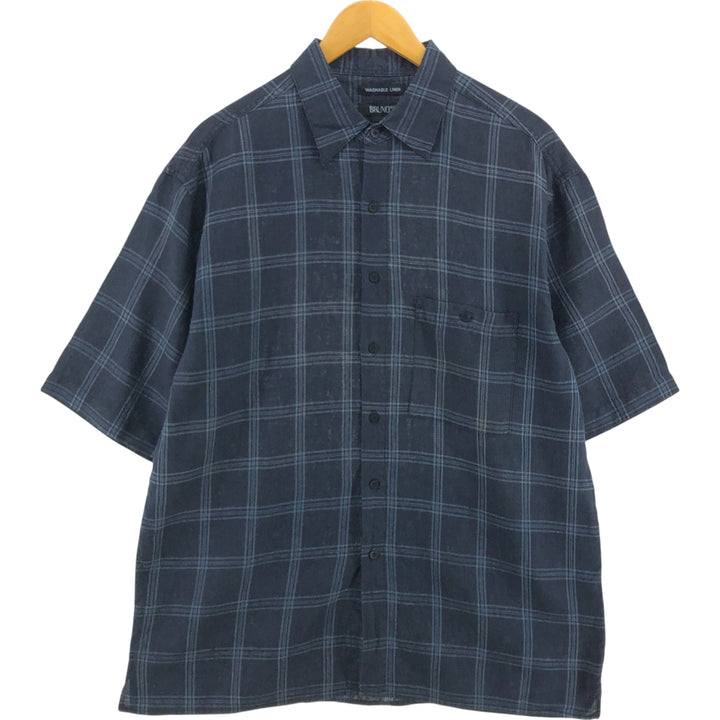 BRUNO WASHABLE LINEN Check Pattern Short Sleeve Linen Shirt Box Shirt Men's Size L linen black type Vintage Second Hand