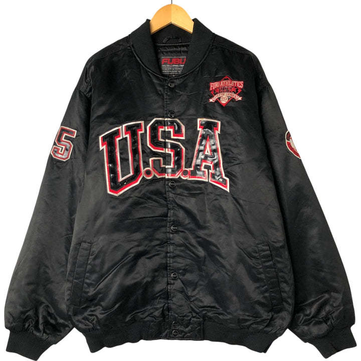90'S FUBU Padded Nylon Varsity Jacket, Men's Size XL, Vintage Nylon black type Vintage Second Hand