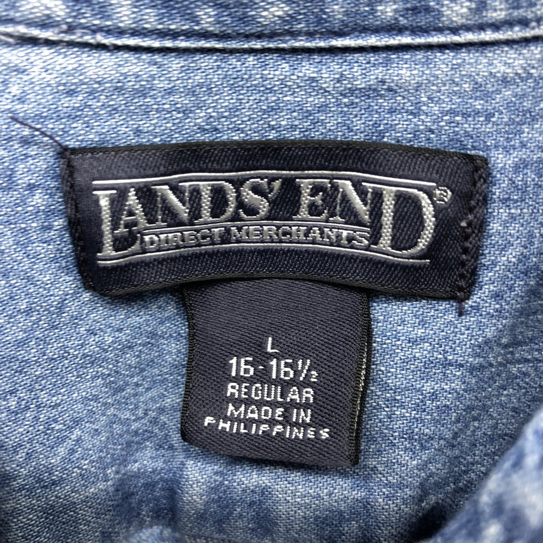 00'S LANDS' END long sleeve button down denim shirt men's size L cotton blue type Vintage Second Hand