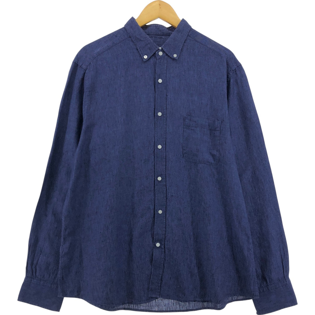 Massimo Dutti Long Sleeve Linen Button Down Shirt Men's XL linen navy blue type Vintage Second Hand