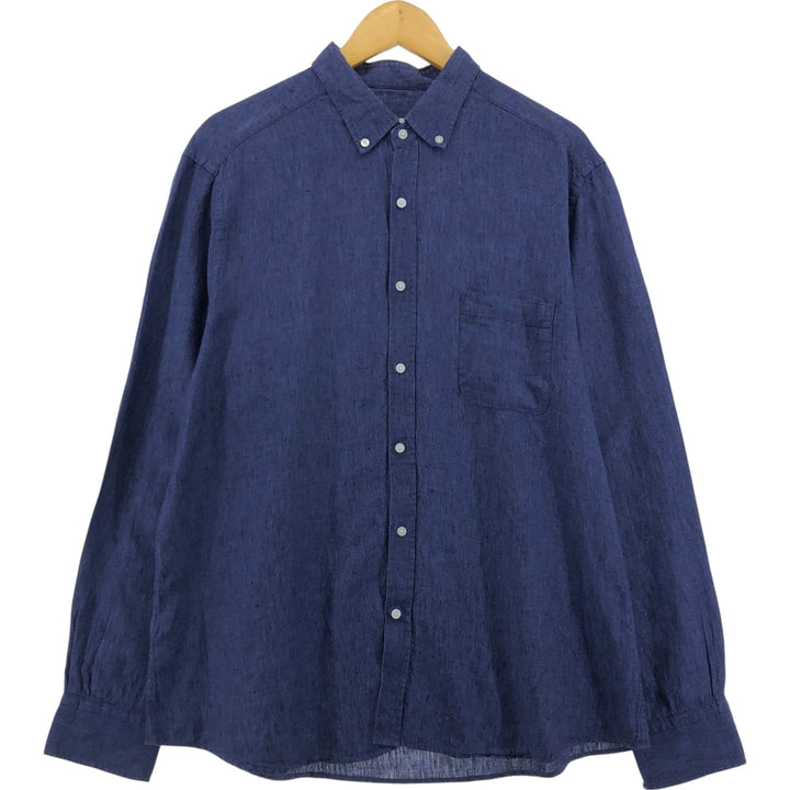 Massimo Dutti Long Sleeve Linen Button Down Shirt Men's XL linen navy blue type Vintage Second Hand