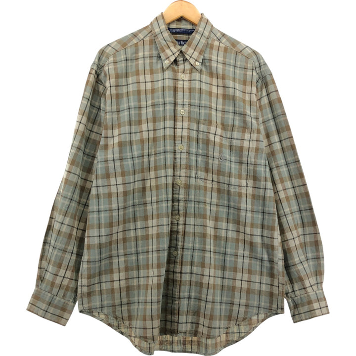 90'S NAUTICA Check Pattern Long Sleeve Linen x Cotton Button Down Shirt Men's M Size Vintage linen Beige type Vintage Second Hand