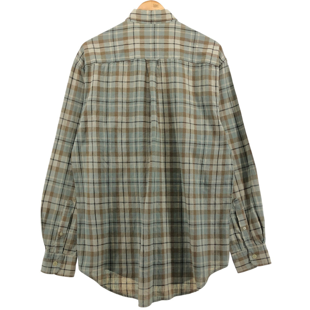 90'S NAUTICA Check Pattern Long Sleeve Linen x Cotton Button Down Shirt Men's M Size Vintage linen Beige type Vintage Second Hand