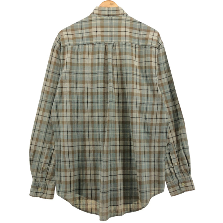 90'S NAUTICA Check Pattern Long Sleeve Linen x Cotton Button Down Shirt Men's M Size Vintage linen Beige type Vintage Second Hand